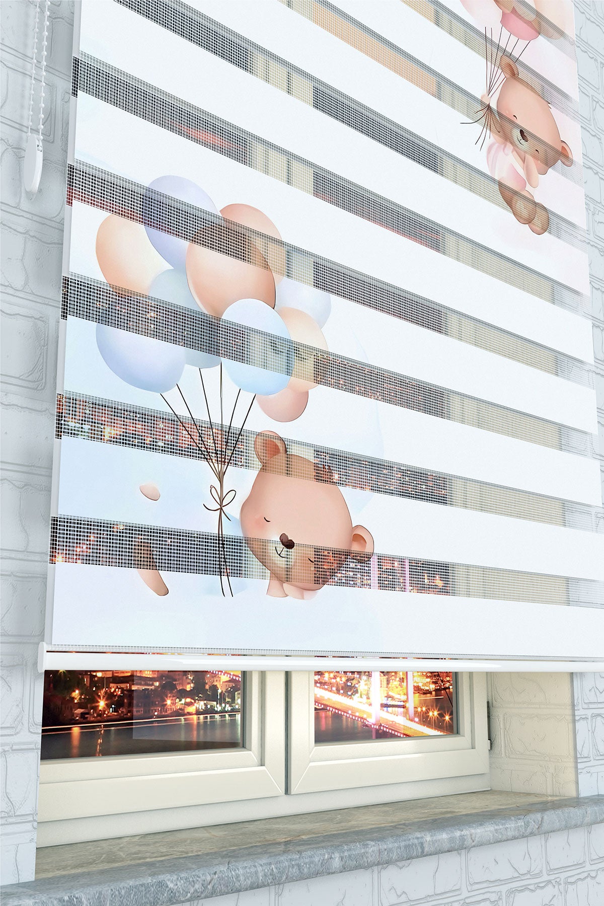 Uçan Balonlu Sevimli Ayıcık Zebra Perde - (AKEL-1223-3)