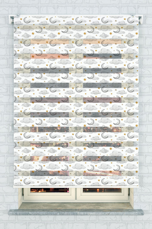 Gece Gökyüzü ve Ay Desenli Zebra Perde - (AKEL-1225-1)