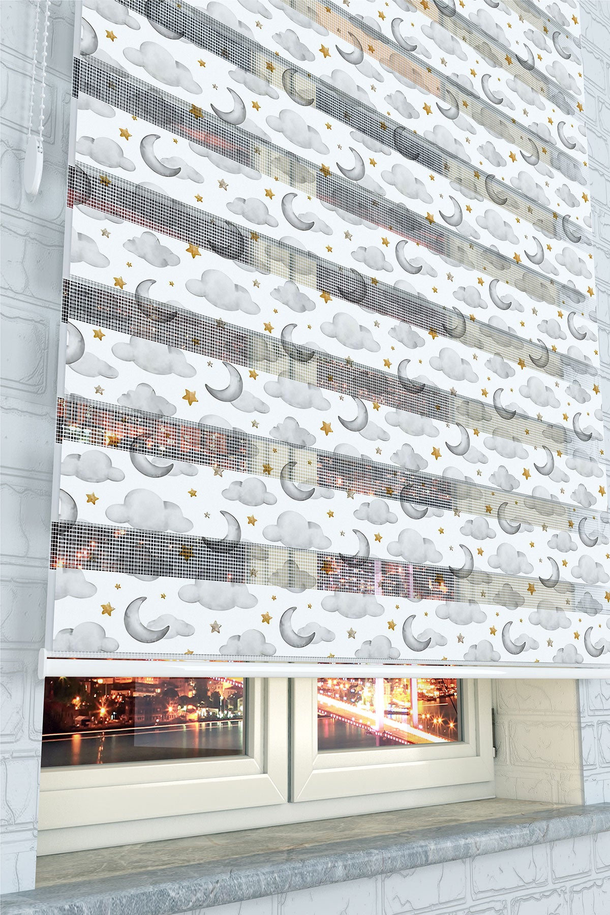 Gece Gökyüzü ve Ay Desenli Zebra Perde - (AKEL-1225-3)
