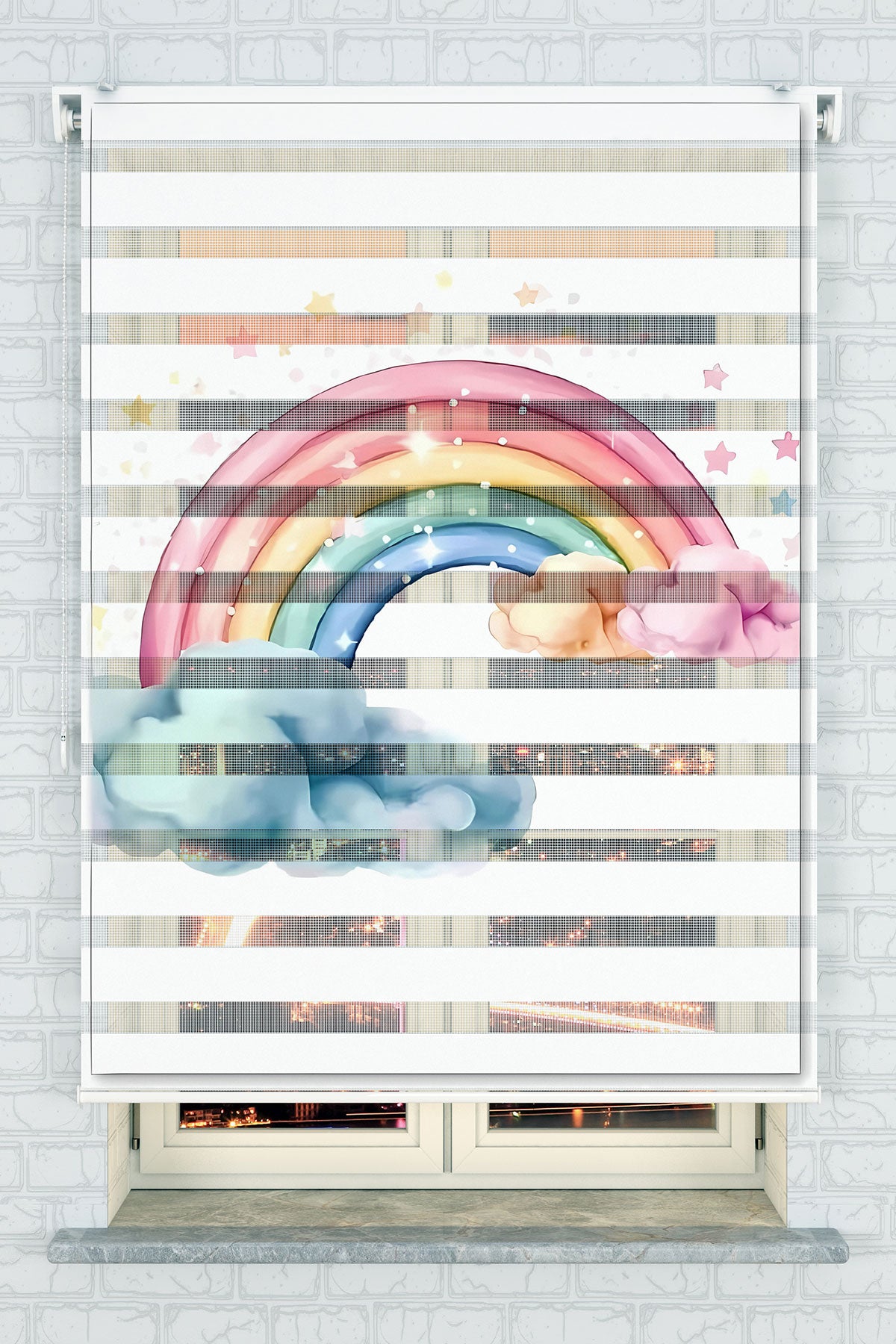 Pastel Gökkuşağı ve Bulut Desenli Zebra Perde - (AKEL-1226-1)
