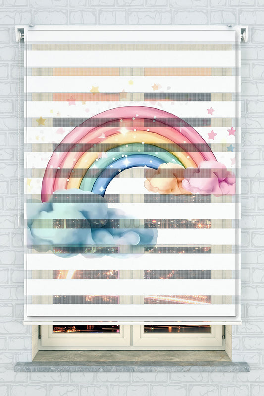 Pastel Gökkuşağı ve Bulut Desenli Zebra Perde - (AKEL-1226-1)