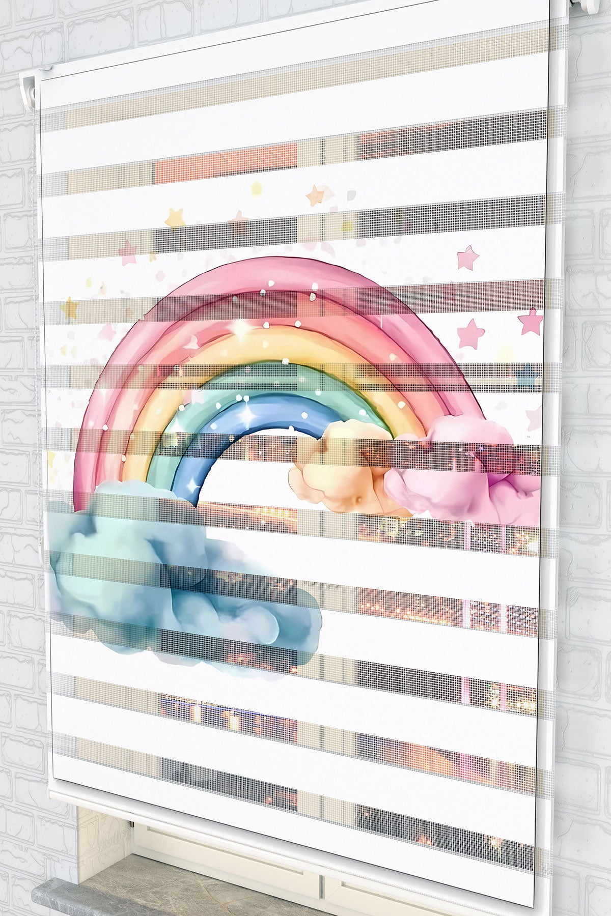 Pastel Gökkuşağı ve Bulut Desenli Zebra Perde - (AKEL-1226-4)