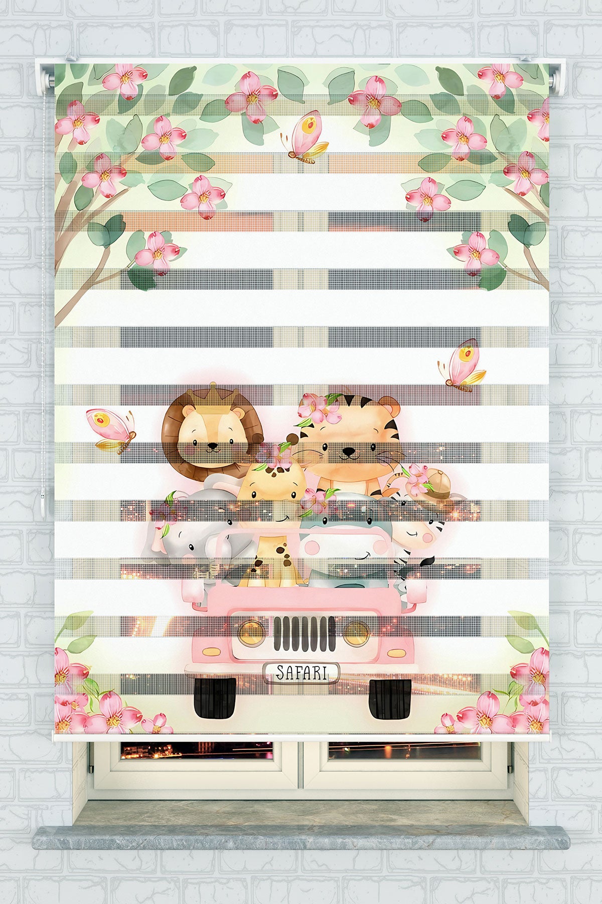 Çiçekli Safari Hayvanları Desenli Zebra Perde - (AKEL-1227-1)