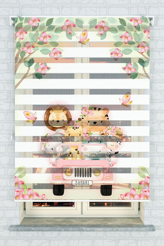 Çiçekli Safari Hayvanları Desenli Zebra Perde - (AKEL-1227-1)