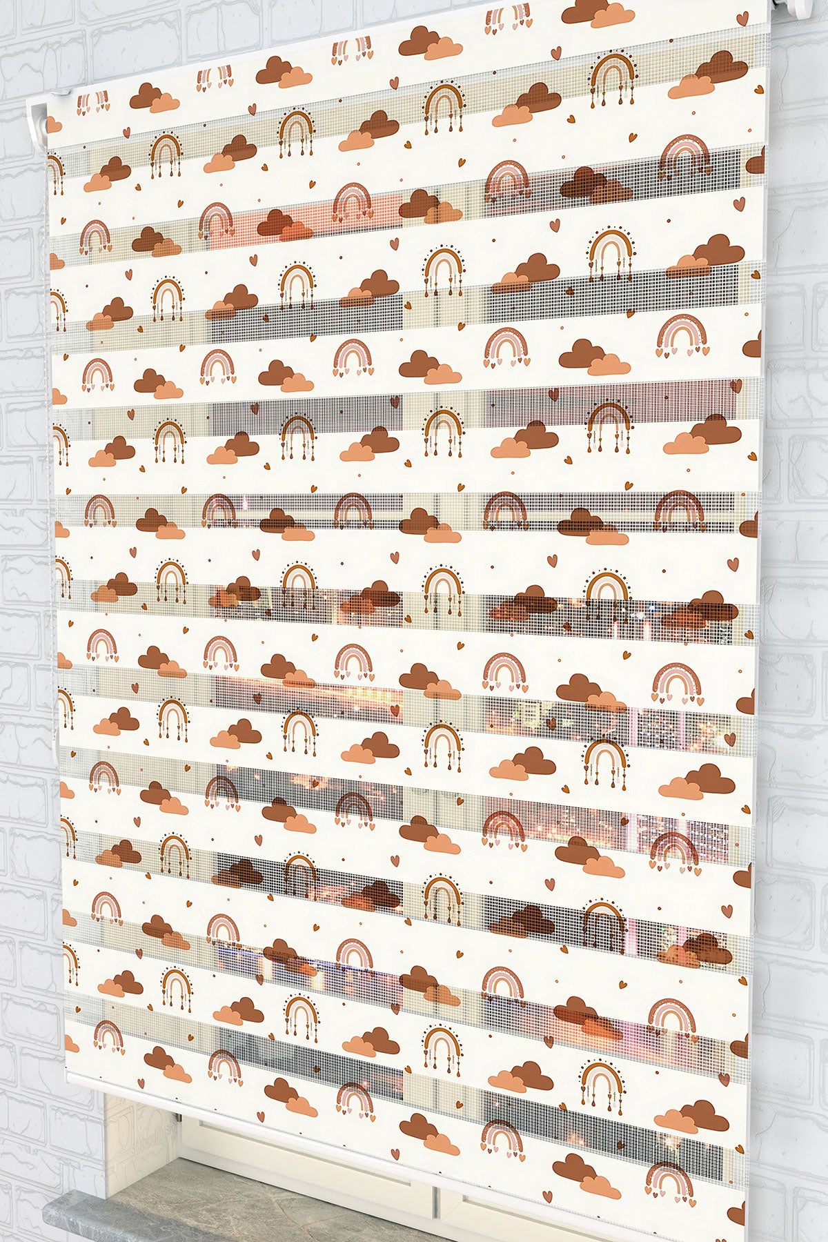 Boho Tarzı Gökkuşağı ve Bulut Desenli Zebra Perde - (AKEL-1228-4)
