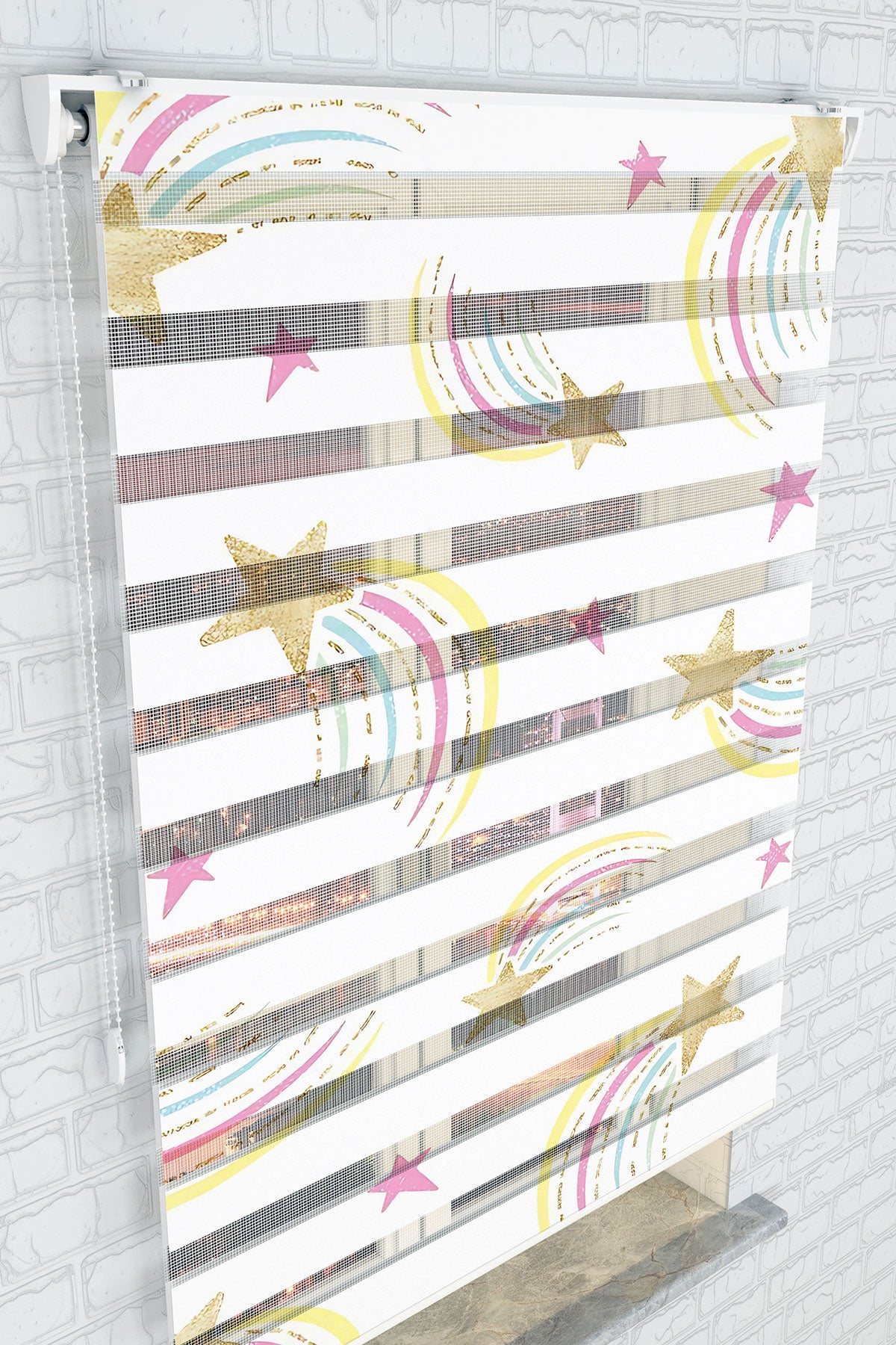 Parıltılı Kuyruklu Yıldız ve Gökyüzü Desenli Zebra Perde - (AKEL-1229-2)