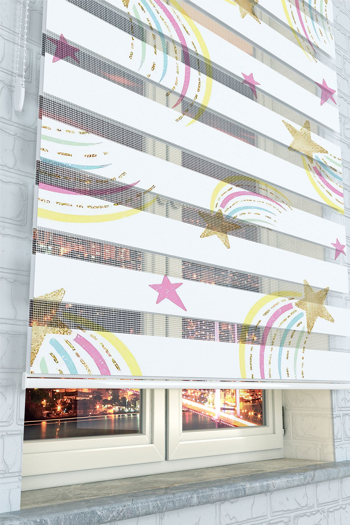 Parıltılı Kuyruklu Yıldız ve Gökyüzü Desenli Zebra Perde - (AKEL-1229-3)