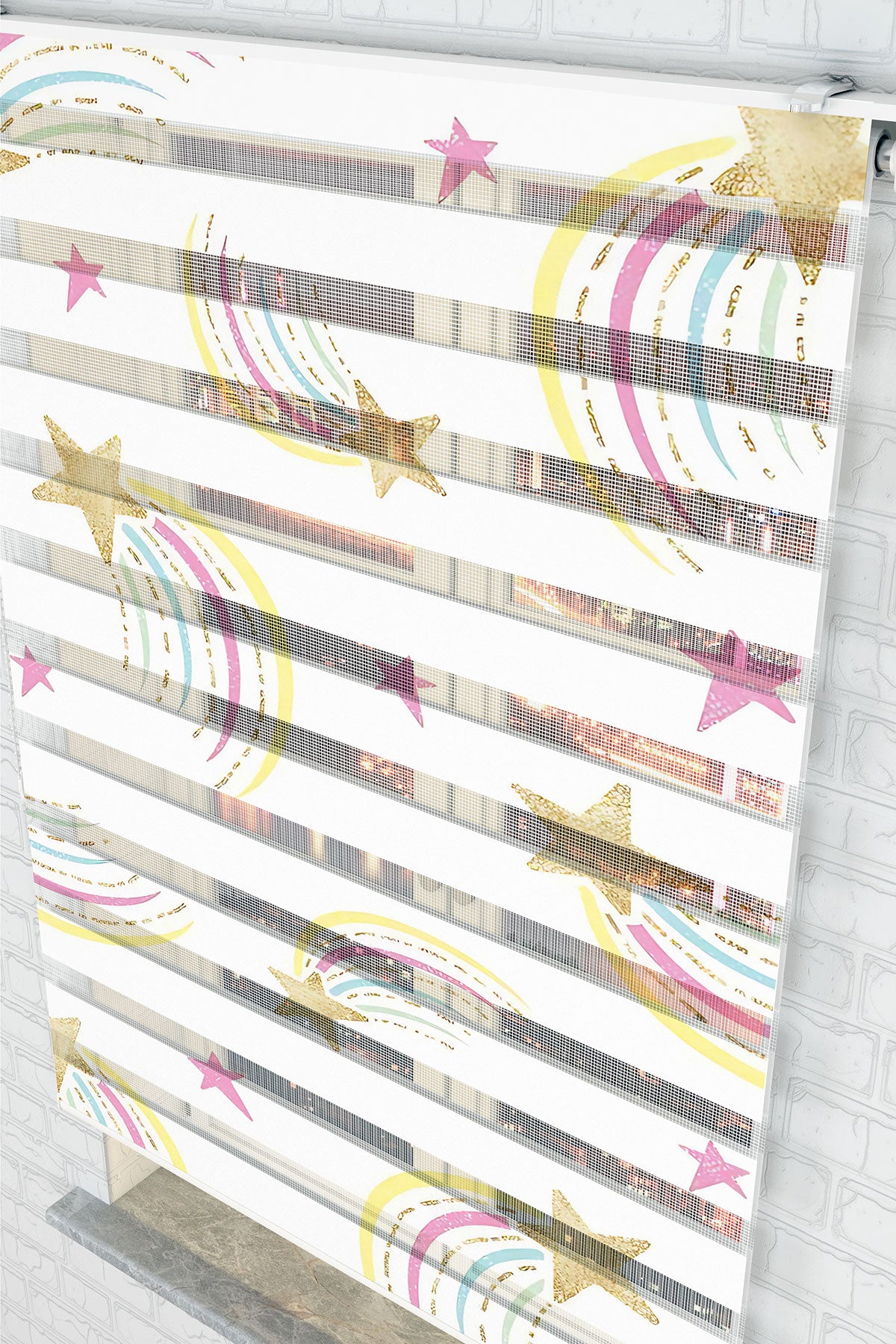Parıltılı Kuyruklu Yıldız ve Gökyüzü Desenli Zebra Perde - (AKEL-1229-5)