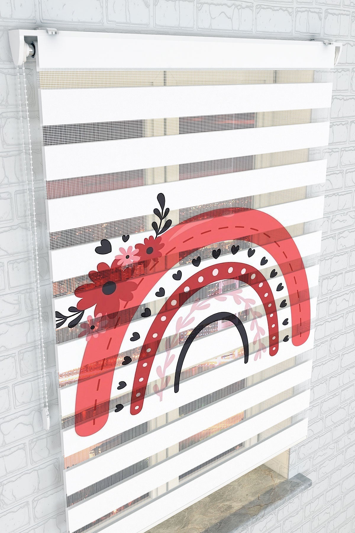 Çiçekli Kırmızı Gökkuşağı Desenli Zebra Perde - (AKEL-1231-2)