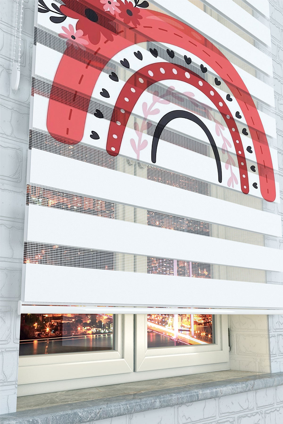Çiçekli Kırmızı Gökkuşağı Desenli Zebra Perde - (AKEL-1231-3)