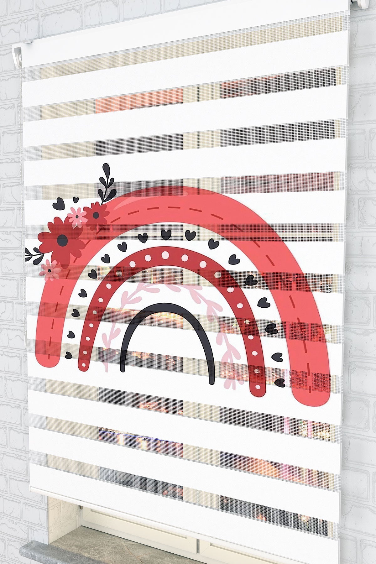 Çiçekli Kırmızı Gökkuşağı Desenli Zebra Perde - (AKEL-1231-4)