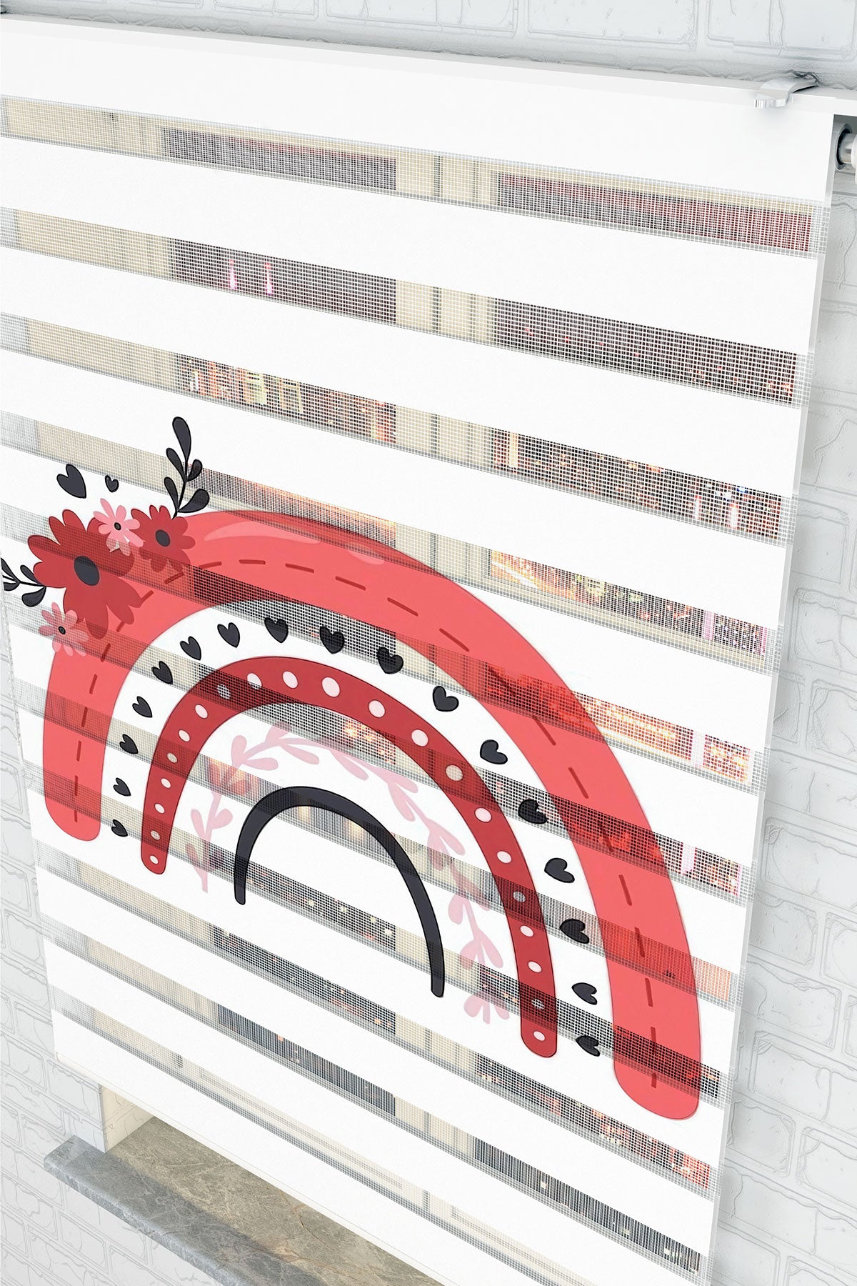 Çiçekli Kırmızı Gökkuşağı Desenli Zebra Perde - (AKEL-1231-5)