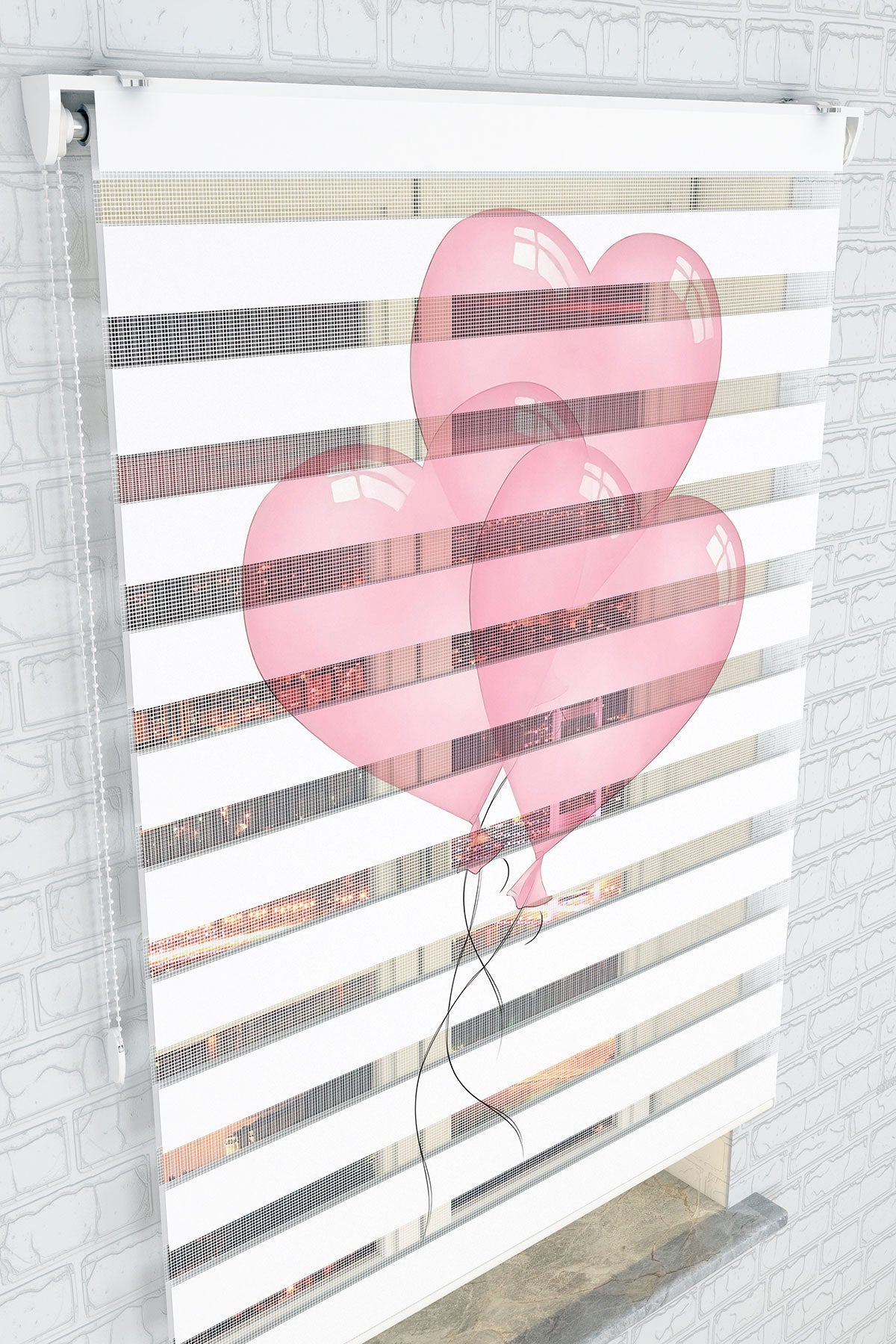 Pembe Kalpli Balon Desenli Zebra Perde - (AKEL-1232-2)