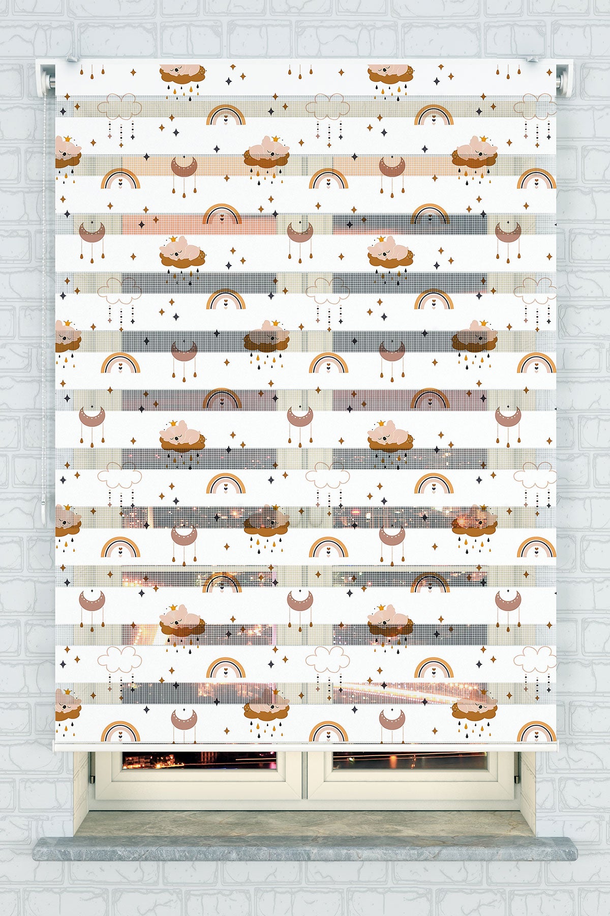 Pastel Renkli Bulut ve Gökkuşağı Desenli Zebra Perde - (AKEL-1242-1)