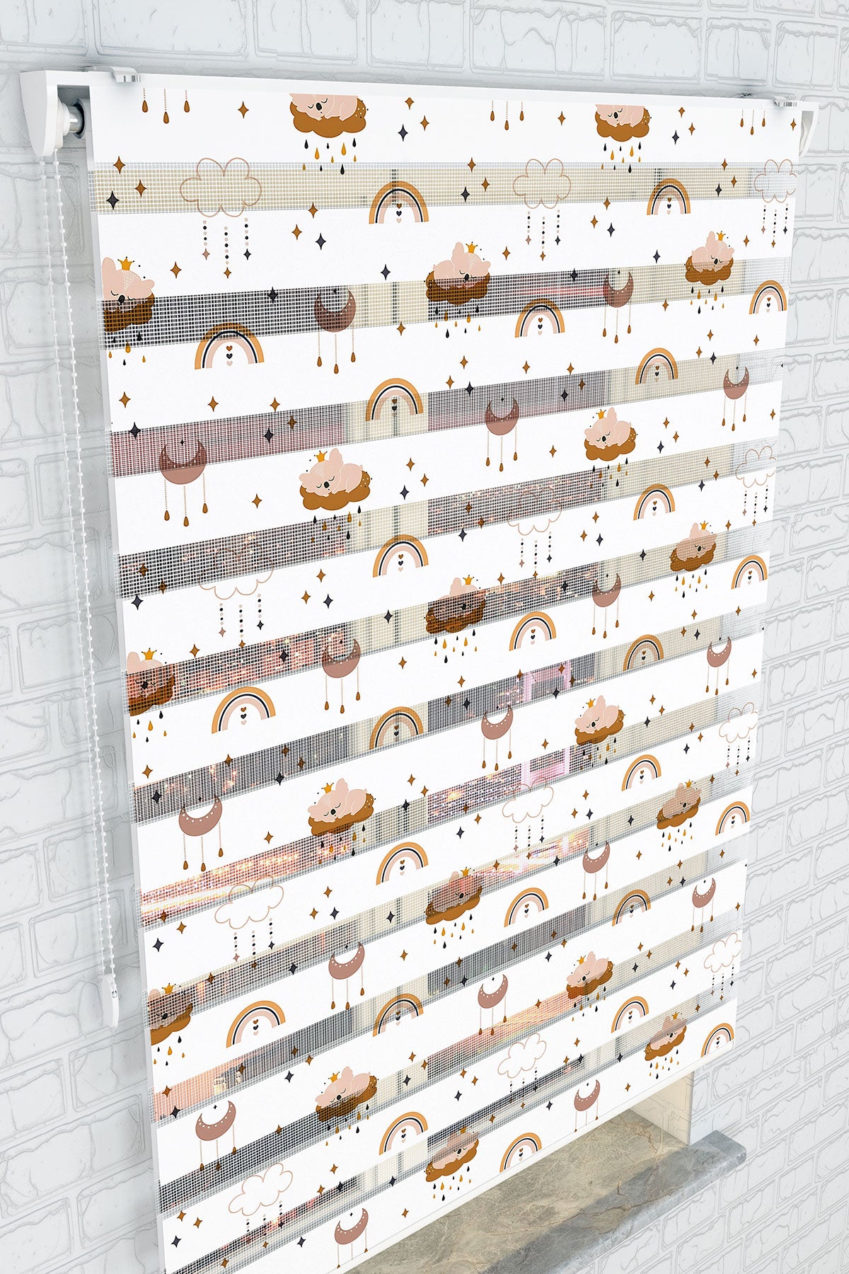 Pastel Renkli Bulut ve Gökkuşağı Desenli Zebra Perde - (AKEL-1242-2)