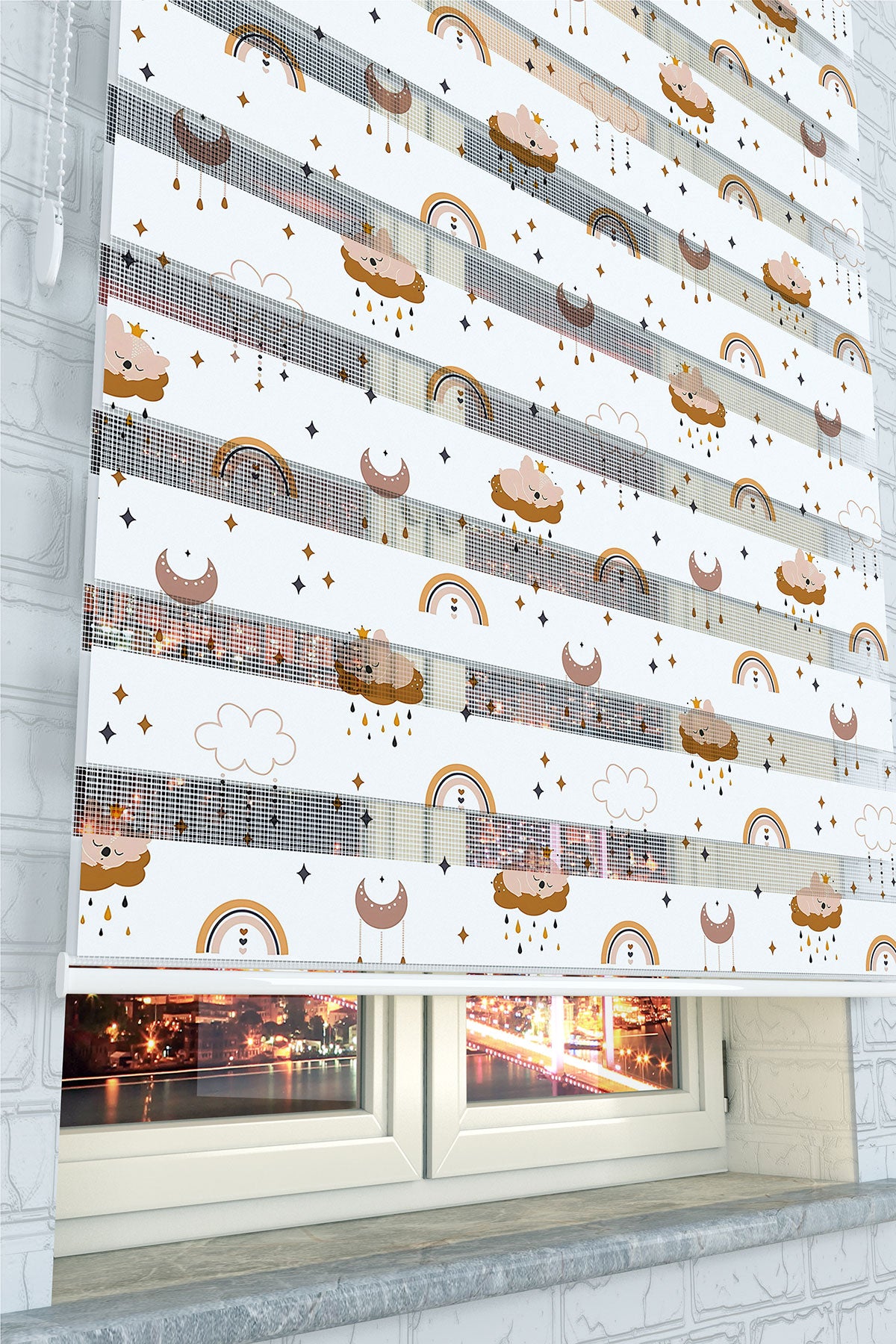 Pastel Renkli Bulut ve Gökkuşağı Desenli Zebra Perde - (AKEL-1242-3)