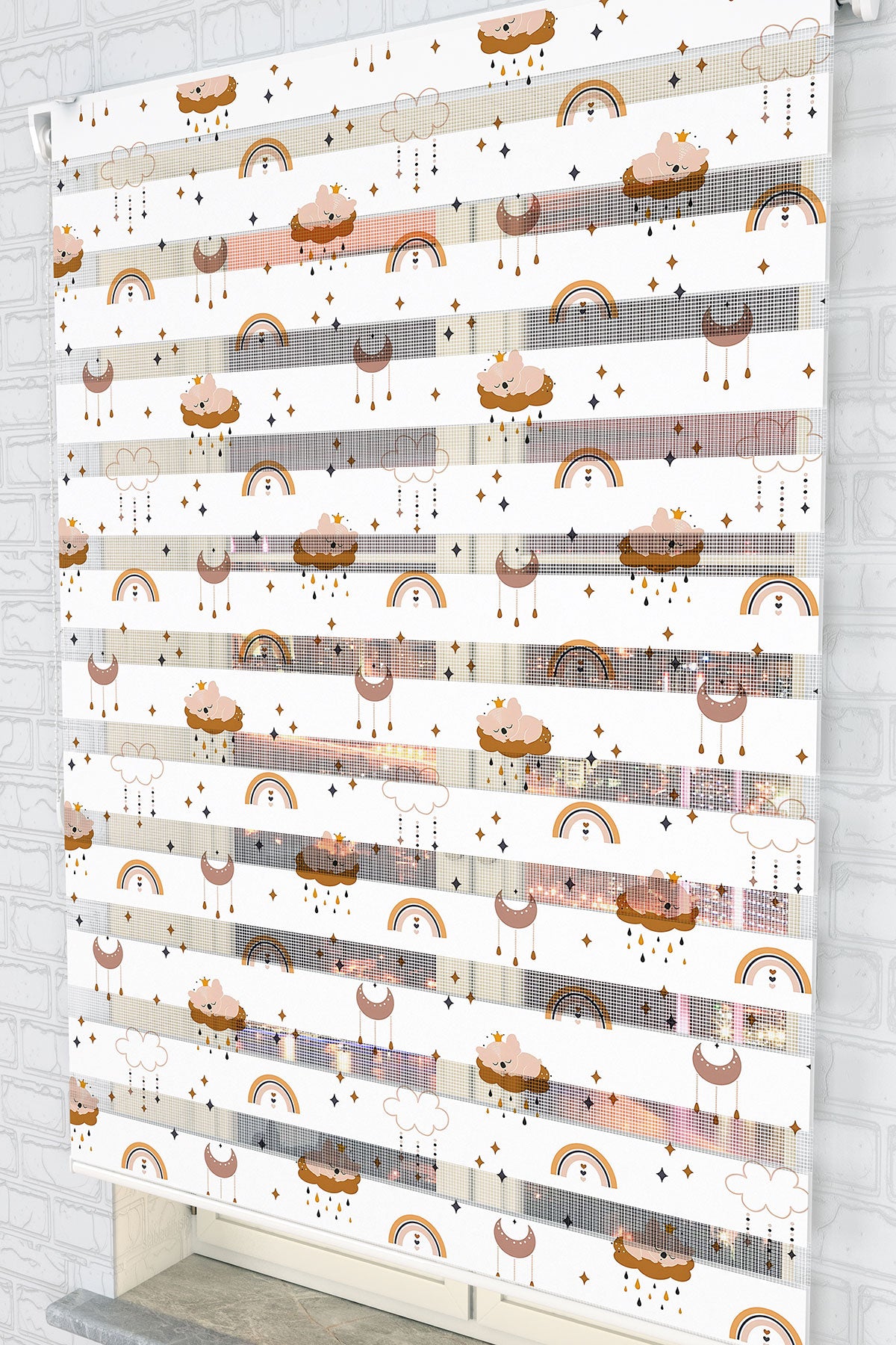 Pastel Renkli Bulut ve Gökkuşağı Desenli Zebra Perde - (AKEL-1242-4)