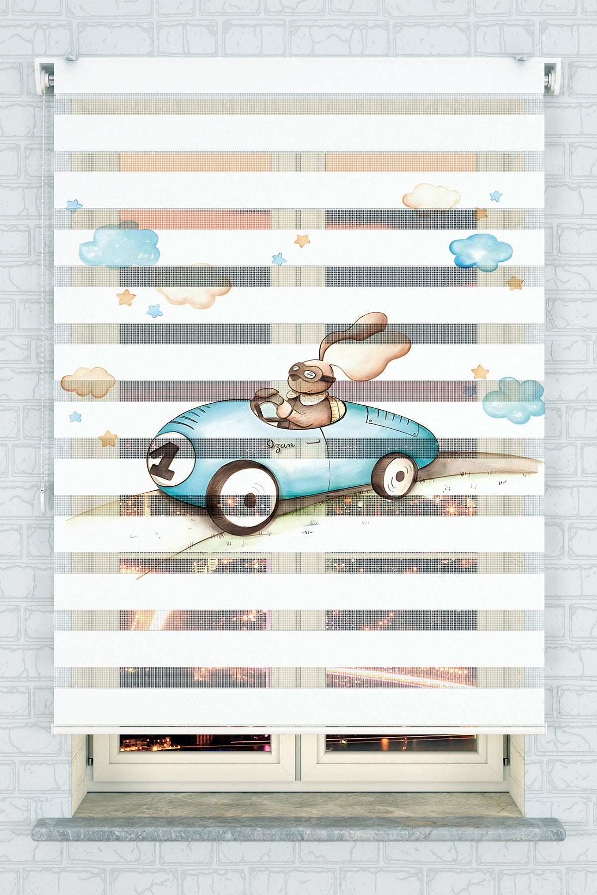 Yarışçı Tavşan ve Bulutlar Desenli Zebra Perde - (AKEL-1243-1)