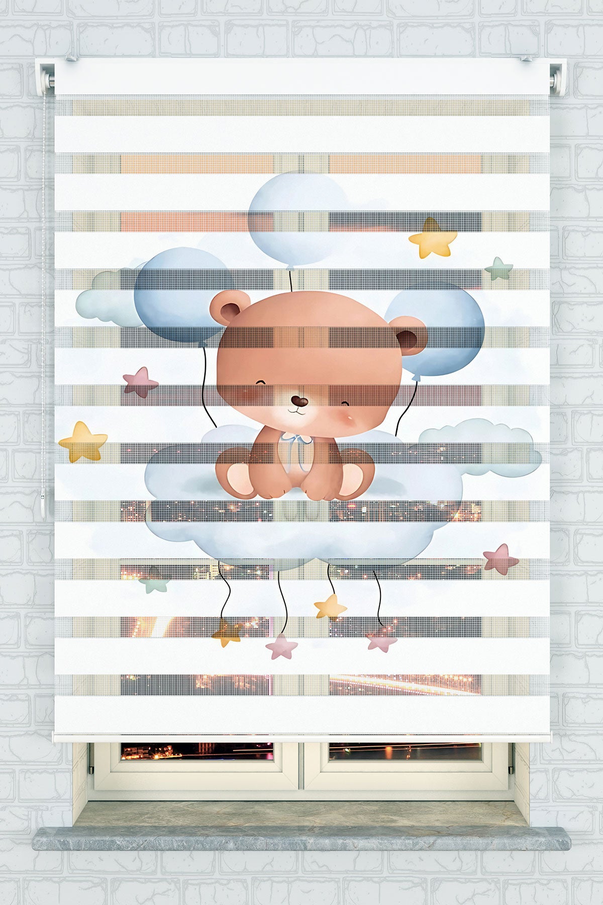 Uçan Balonlu Sevimli Ayıcık Zebra Perde - (AKEL-1247-1)