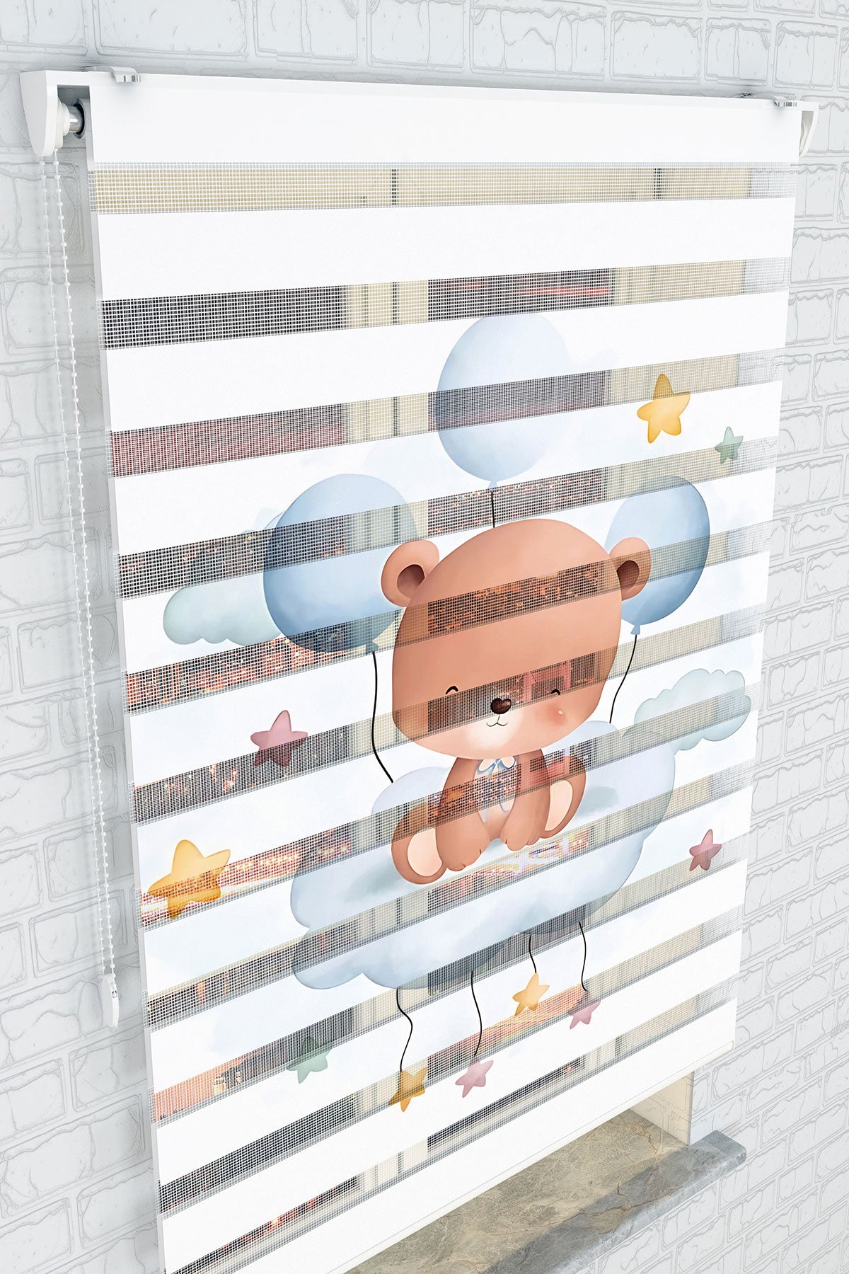 Uçan Balonlu Sevimli Ayıcık Zebra Perde - (AKEL-1247-2)