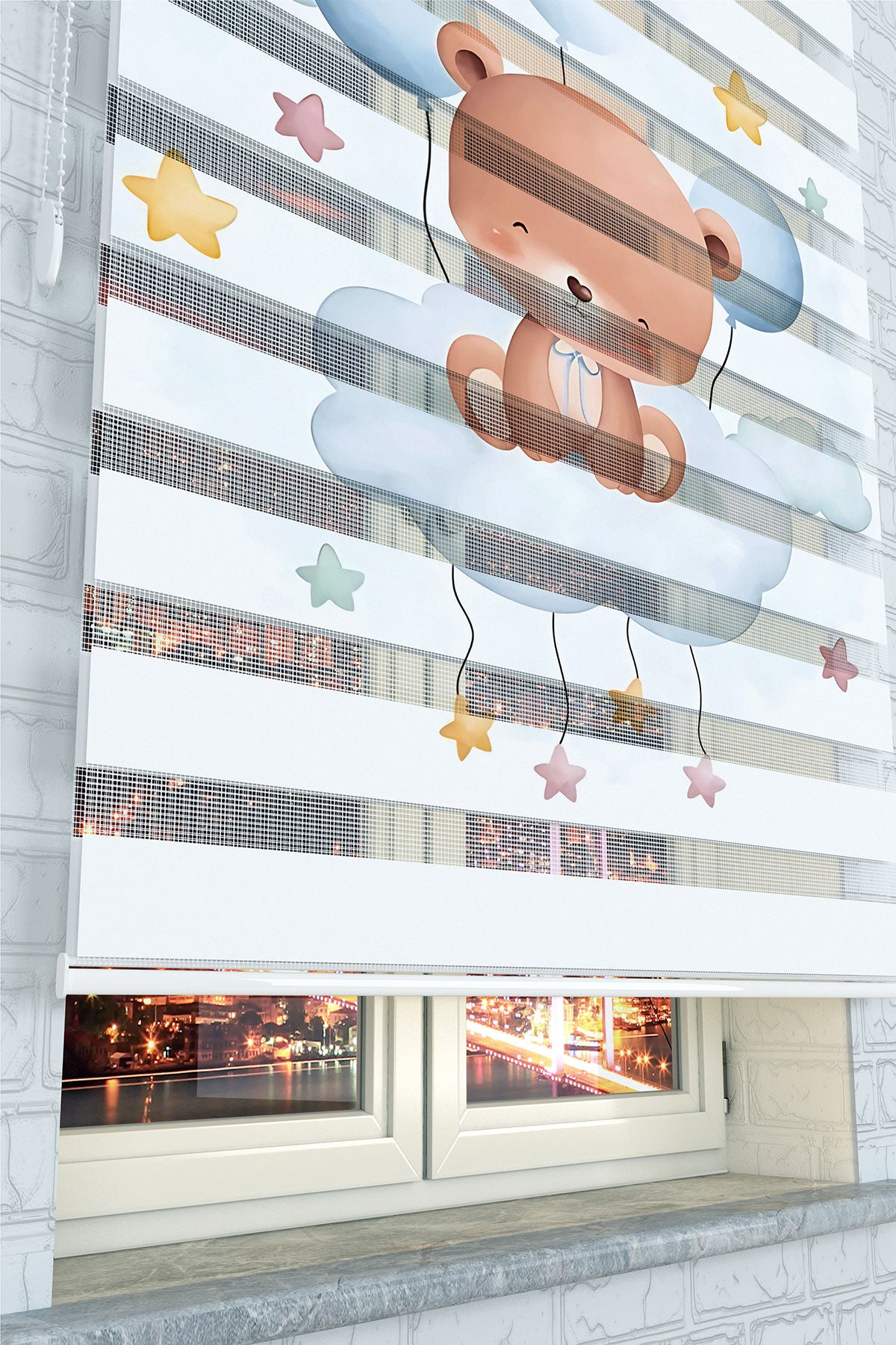 Uçan Balonlu Sevimli Ayıcık Zebra Perde - (AKEL-1247-3)