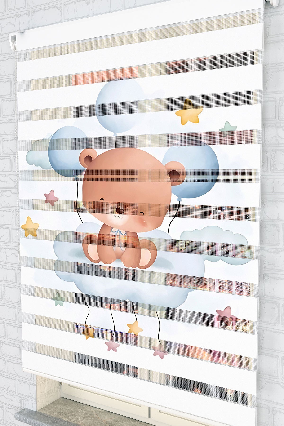 Uçan Balonlu Sevimli Ayıcık Zebra Perde - (AKEL-1247-4)