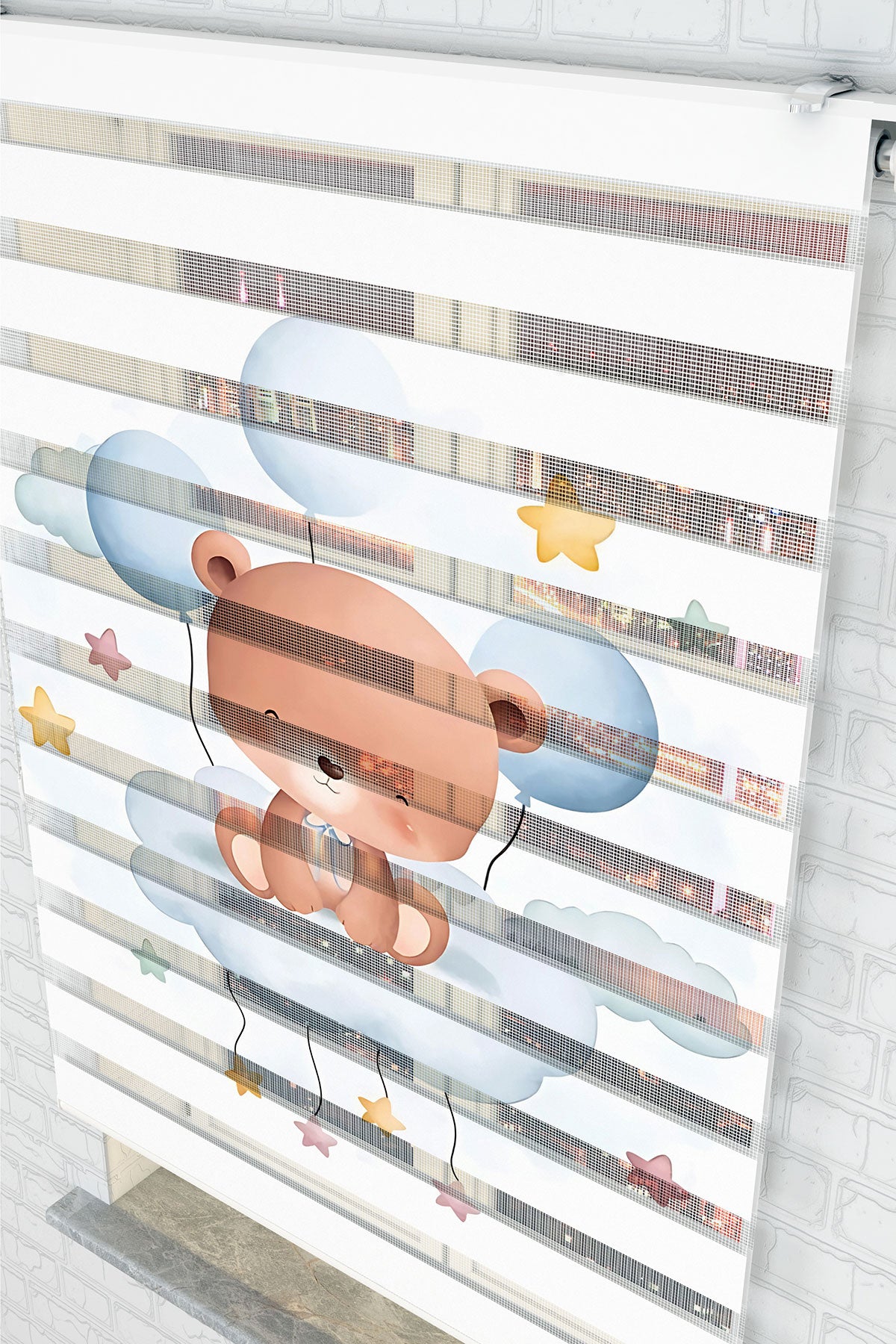 Uçan Balonlu Sevimli Ayıcık Zebra Perde - (AKEL-1247-5)