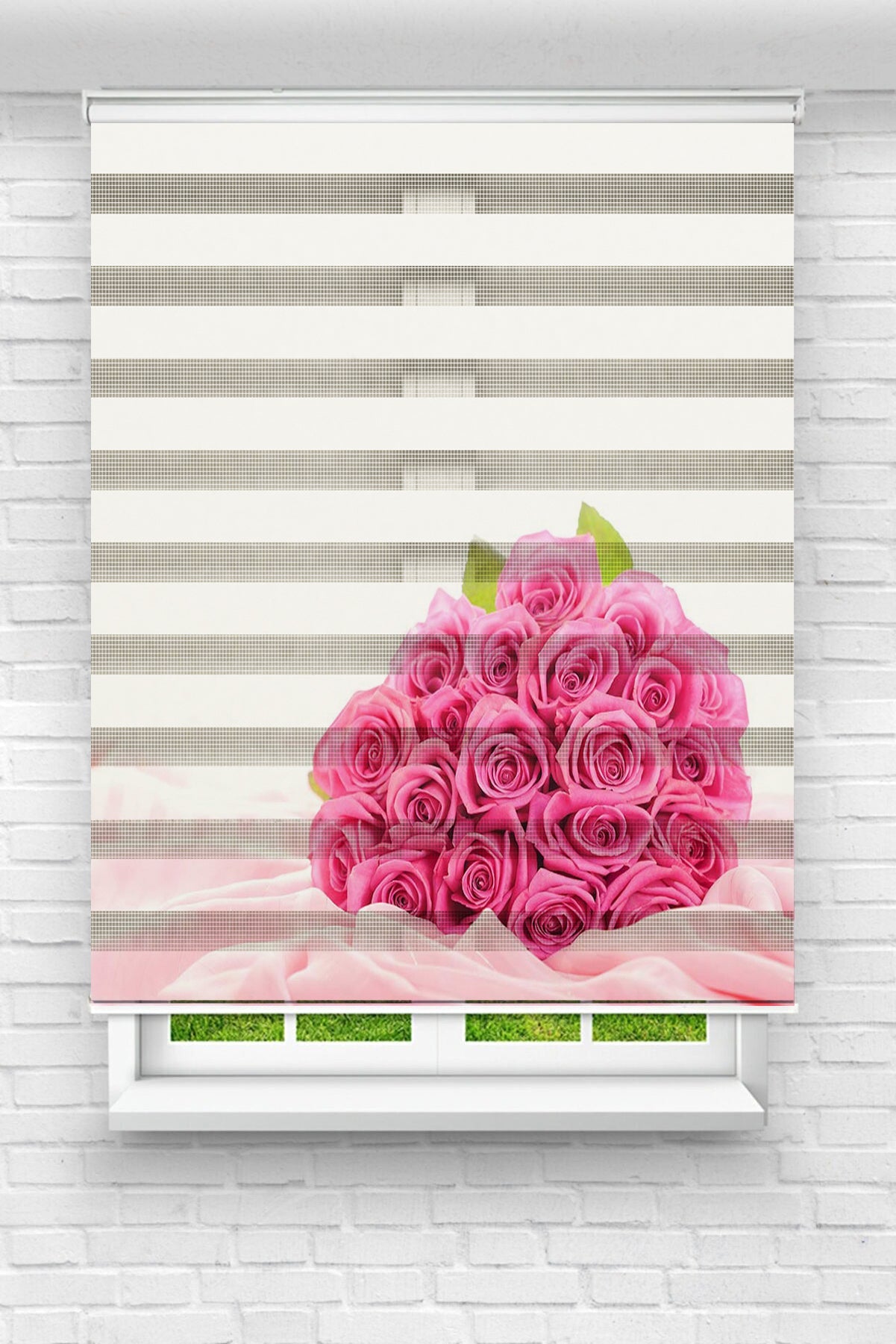 Pembe Buket Güller Baskılı Zebra Perde