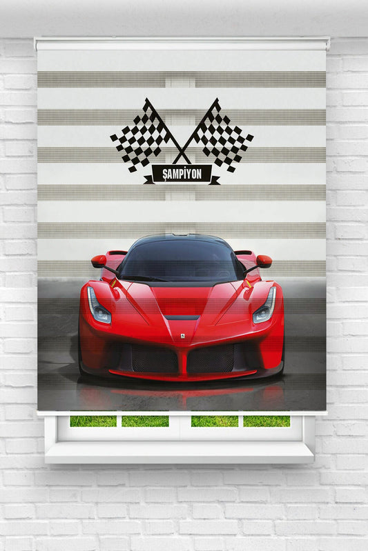 Genç Odası - Kırmızı Ferrari Baskılı Zebra Perde