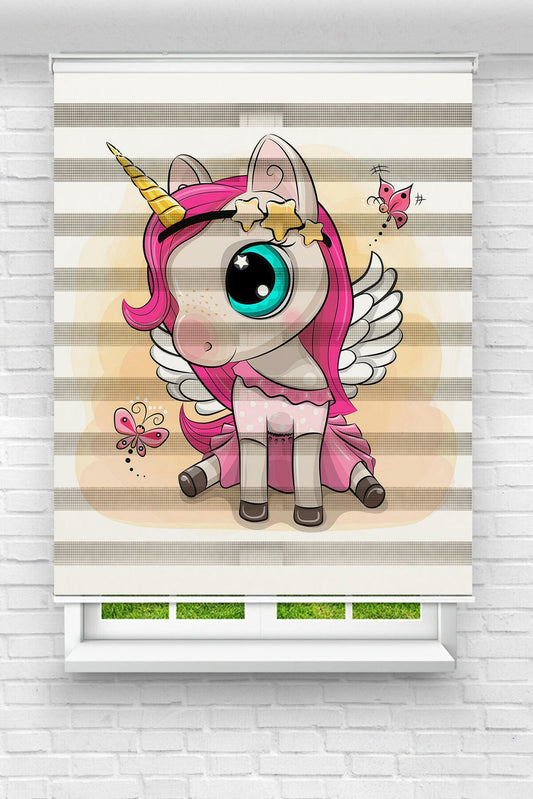 Çocuk Odası - Sevimli Unicorn Baskılı Zebra Perde01