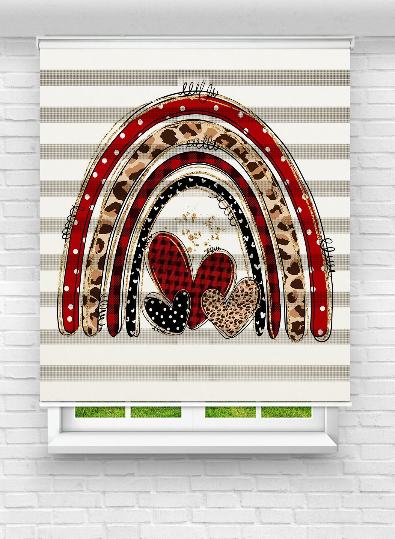 Kız Çocuk Odası İçin Desenli Baskılı Kalpli ve Gökkuşağı Zebra Stor Perde