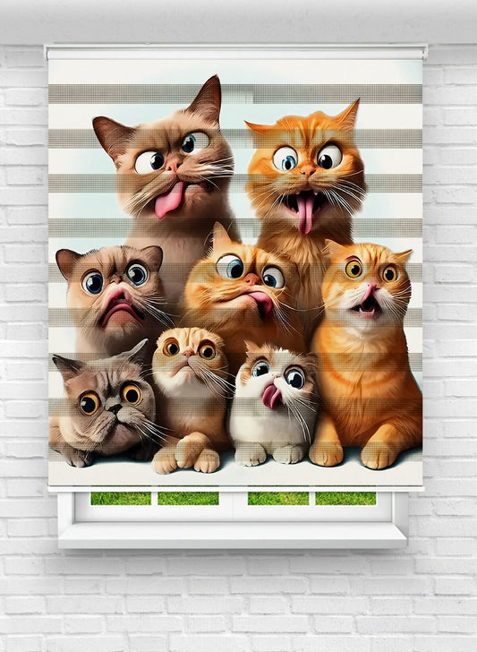 Erkek ve Kız Çocuk Odası İçin Desenli Baskılı Sevimli Kedi Zebra Stor Perde