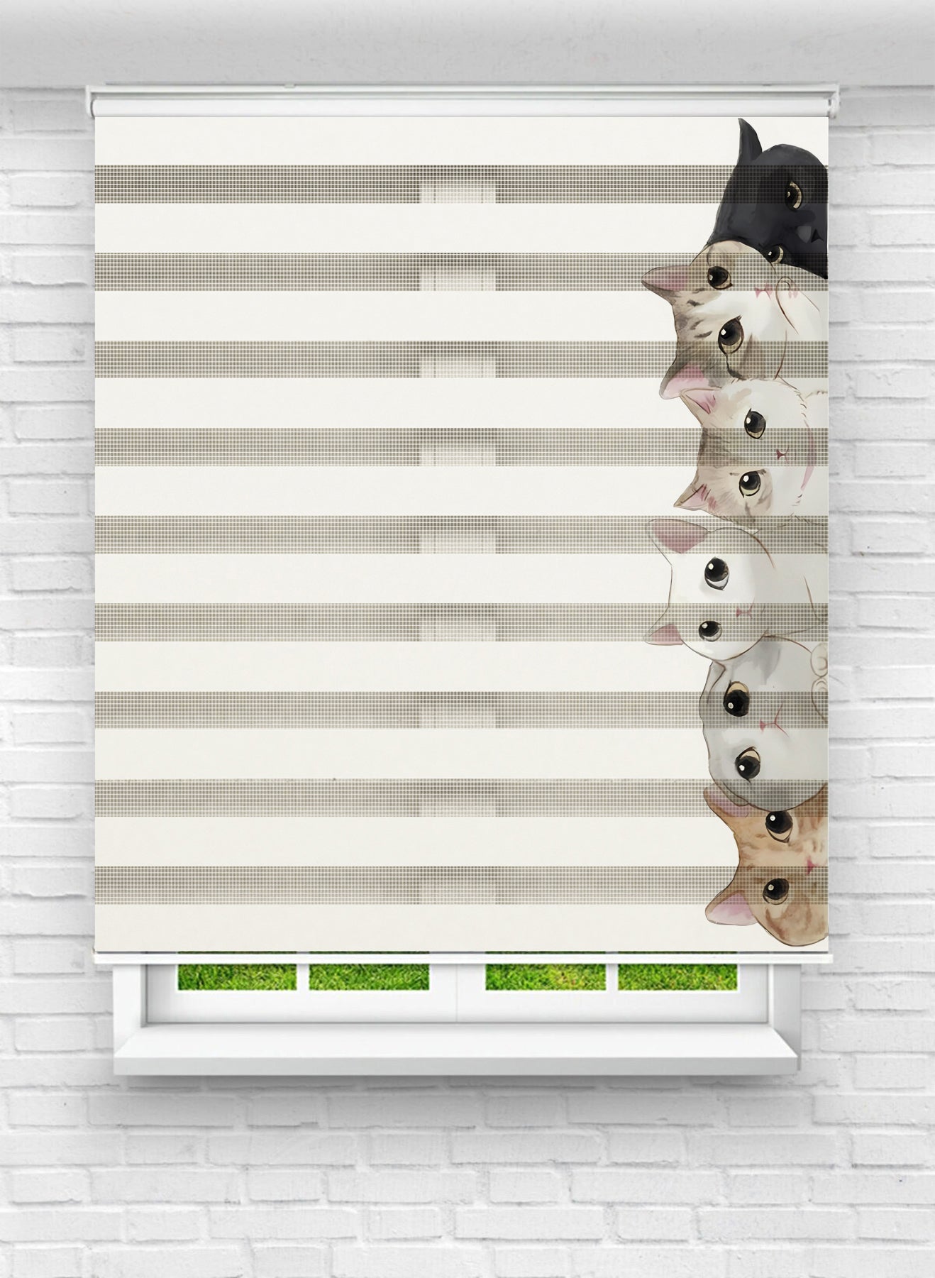 Erkek ve Kız Çocuk Odası İçin Desenli Baskılı Sevimli Kedi Yüzleri Zebra Stor Perde