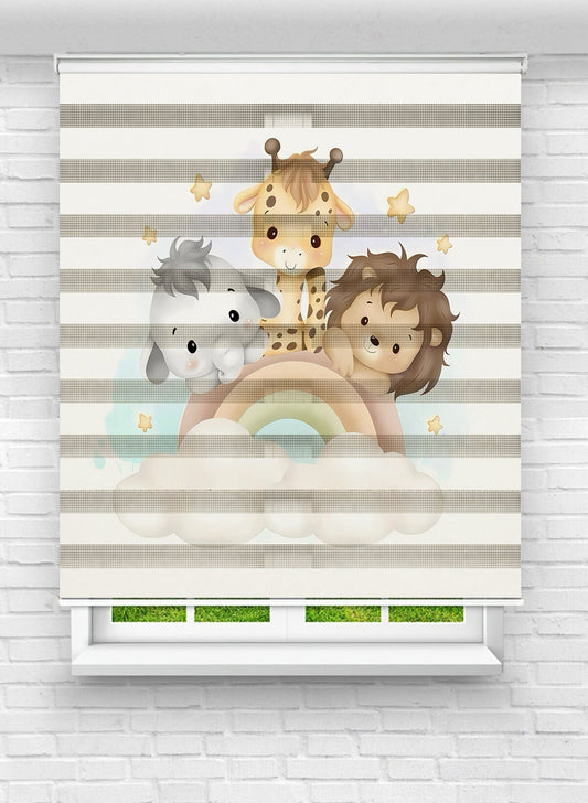Erkek ve Kız Çocuk Odası İçin Desenli Baskılı Hayvanlı ve Gökkuşağı Zebra Stor Perde