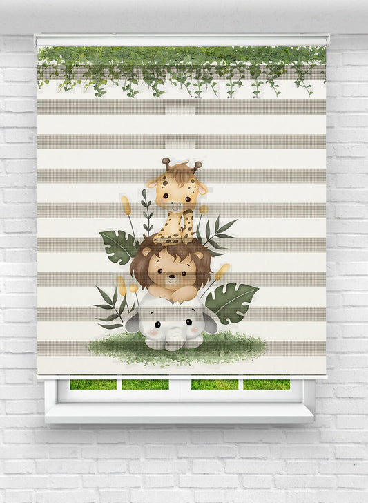 Erkek ve Kız Çocuk Odası İçin Desenli Baskılı Safari Hayvanları ve Doğa Zebra Stor Perde